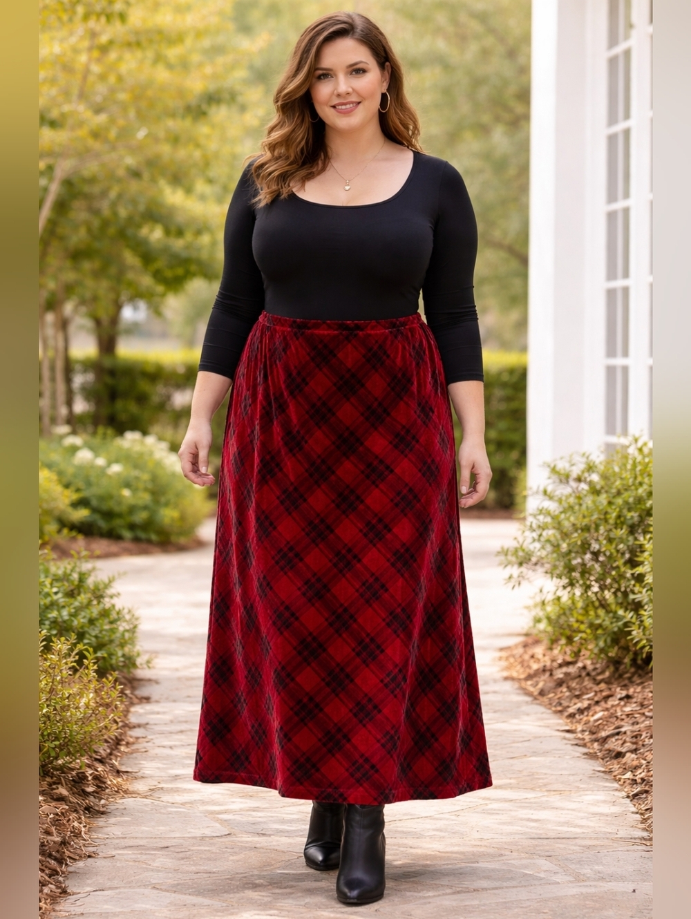 Coldwater Creek Red Tarten Plaid Long Maxi Velvet Skirt Whimsigoth Dark Fairy 2X